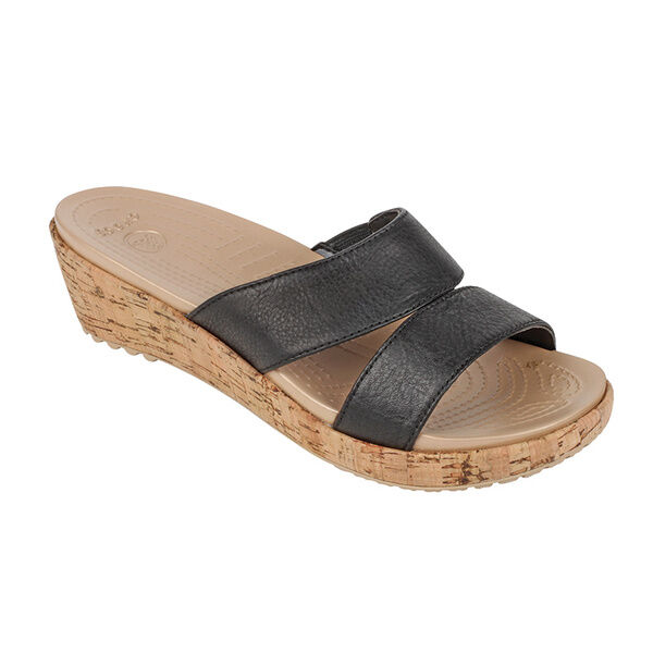 Crocs Womens A-Leigh Tan Leather Cork Slide Mini Wedge Slide Sandals Size 8  | eBay