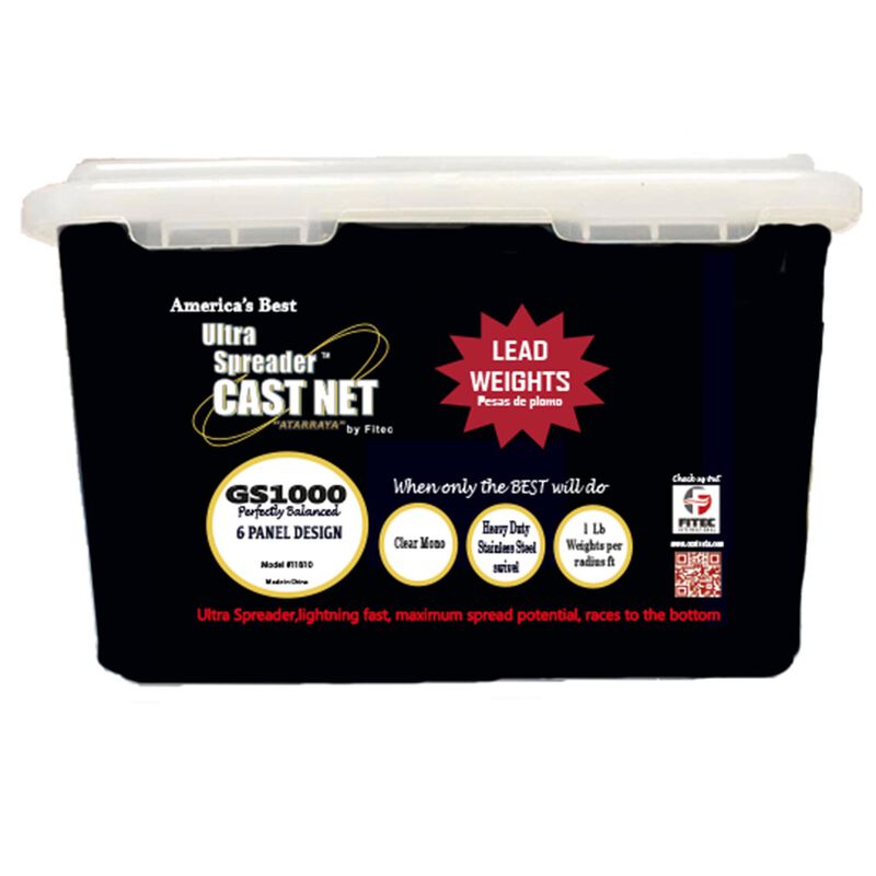 FITEC 8' GS1000 Ultra Spreader Cast Net with Tape Clear Mono Lead, 5/8  Mesh