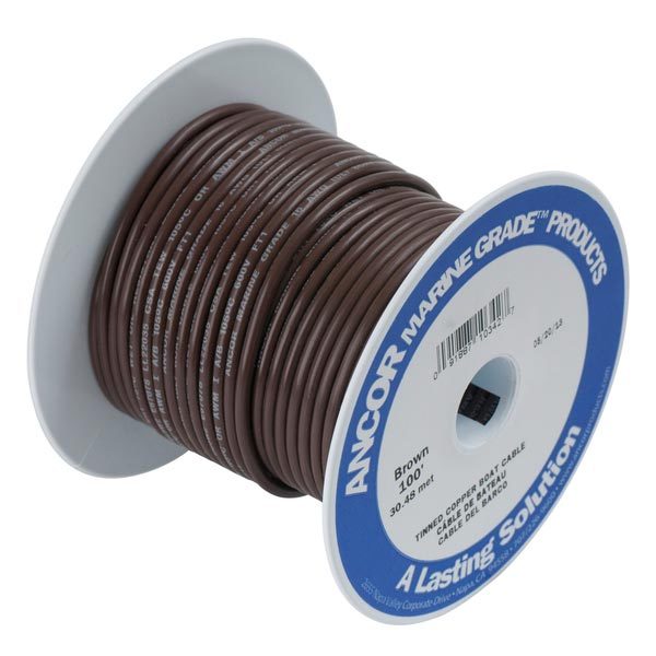 Primary Tracer Marine Tinned Copper 14 Gauge AWG x 100 FT Spool - Brown Wire  & Blue Striped - USA