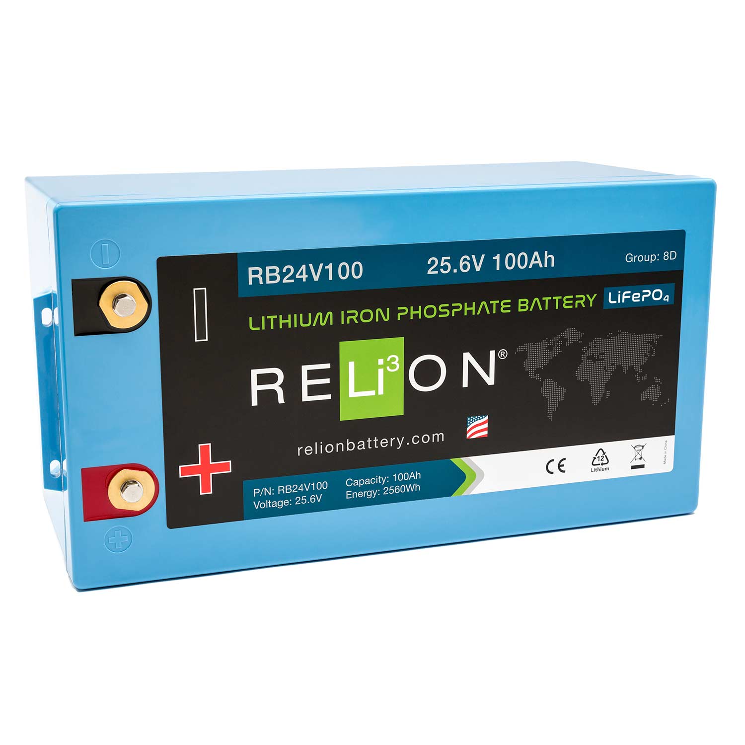 RELION Group 8D RB24V100 Lithium Iron Phosphate Deep Cycle Battery, 24V,  100Ah